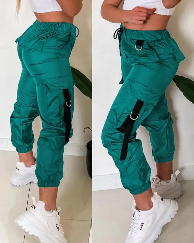 Women's Skinny Casual Contrast Paneled Drawstring Regular Daily Slight Stretch Tape Patch Pocket Design Cuffed Pants for Women