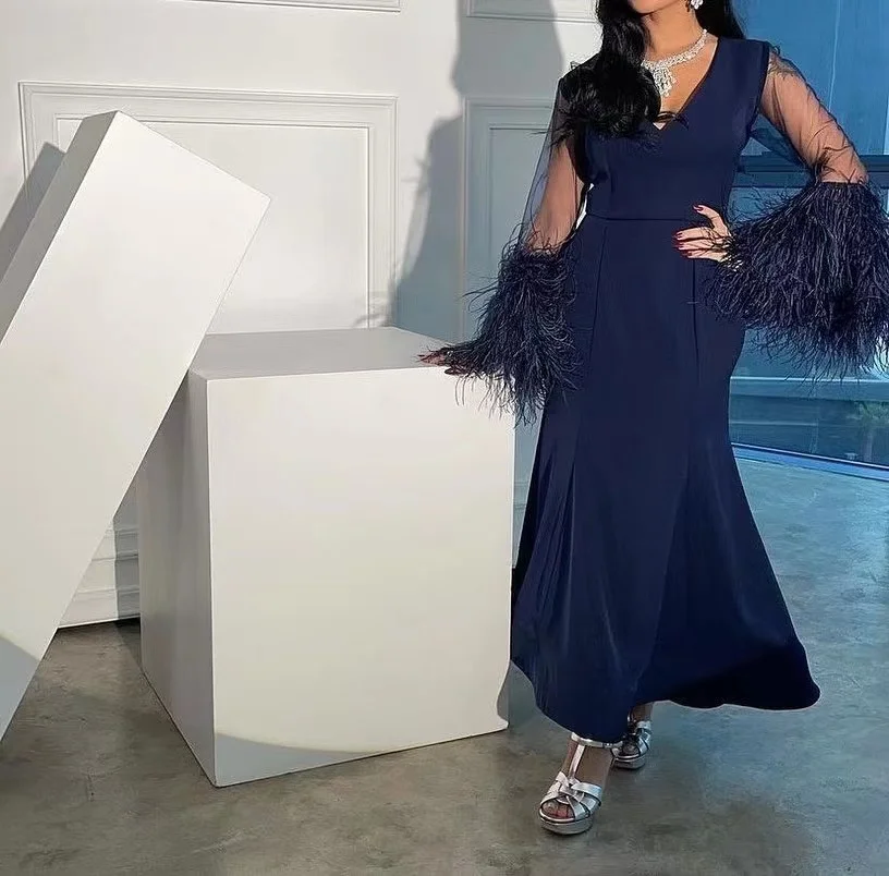 

AsaNagi Dark Blue Feather Prom Dresses V Neck Formal Evening Party Gowns Elegant Saudi Arabia Dress 2023