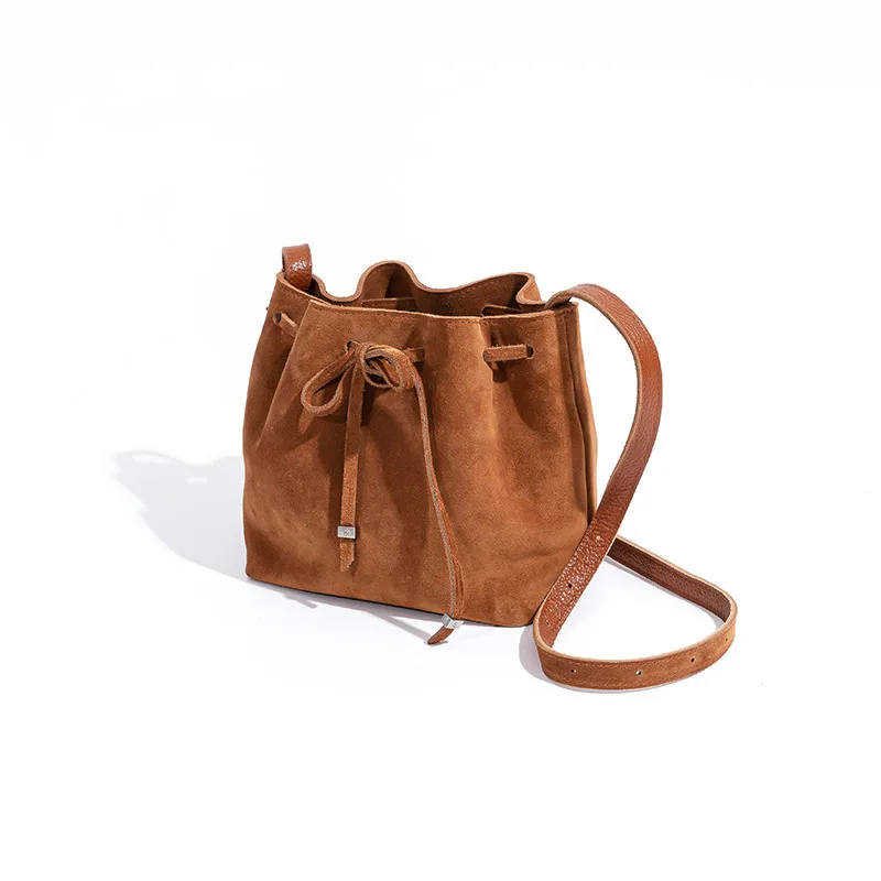 Women's Brown Genuine Leather Shoulder Bucket Bag