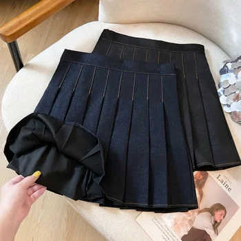 Seoulish High Waist Vintage Denim Women's Pleated Short Skirts 2026 New Summer Jeans A-line Skater Sexy Mini Skirts Female