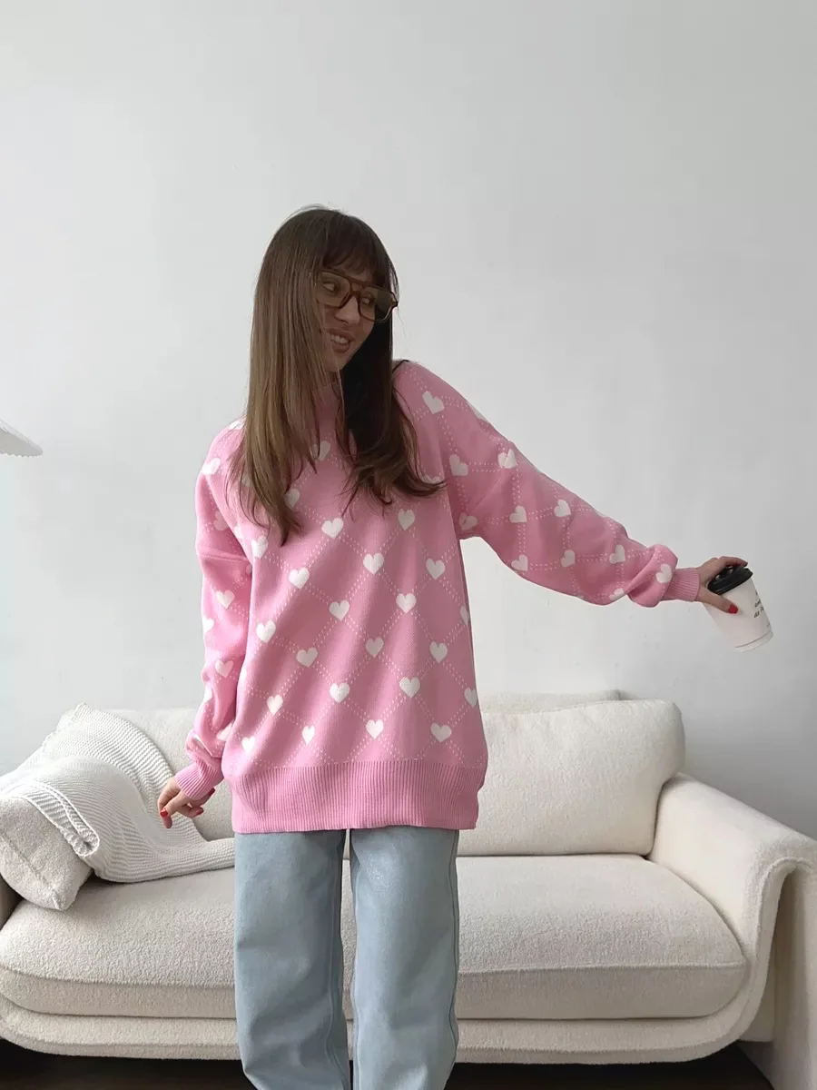 Autumn Printed Knitwear Pullover For Women Casual Patchwork Long Sleeve Contrast Loose Top Clothes Female Knit Pullover