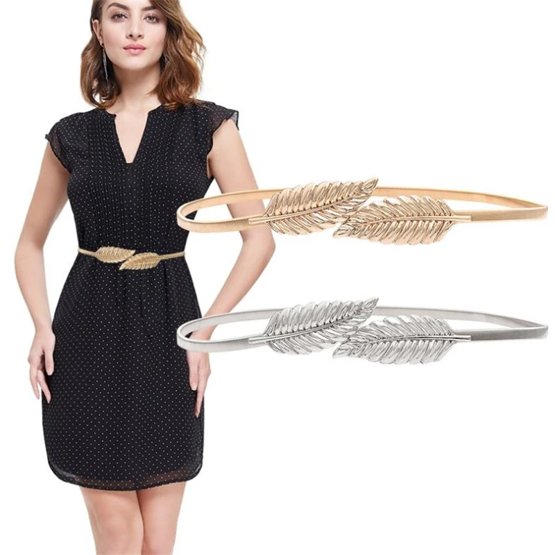 

Women's Fashion Metal Golden Silver Leaves Chain Belt Waist Band Elasticity Waist Belt For Dress Skirt Bands Female