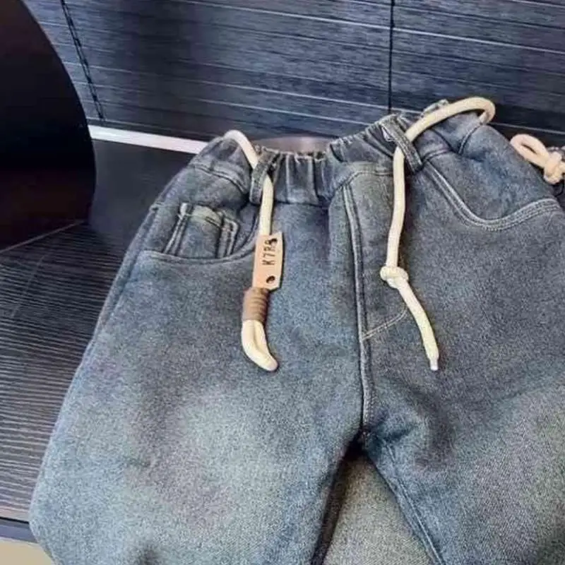 인조 토끼털 플리스 안감 두꺼운 면 청바지, 매우 두껍고 부드러운 패셔너블한 겨울용 따뜻한 바지, 3-14세 어린이용