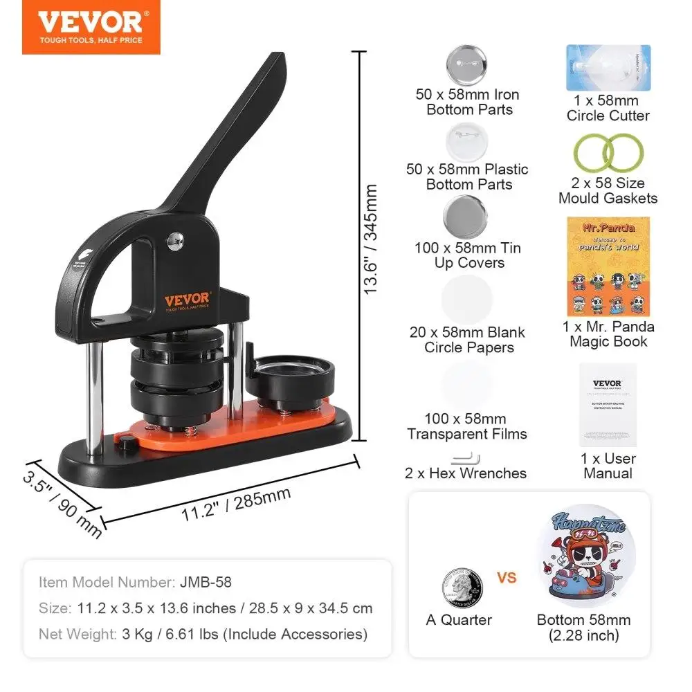Button Maker Machine 58mm 100 Button Parts Ergonomic Arc Handle DIY Kit for children Christmas Gift