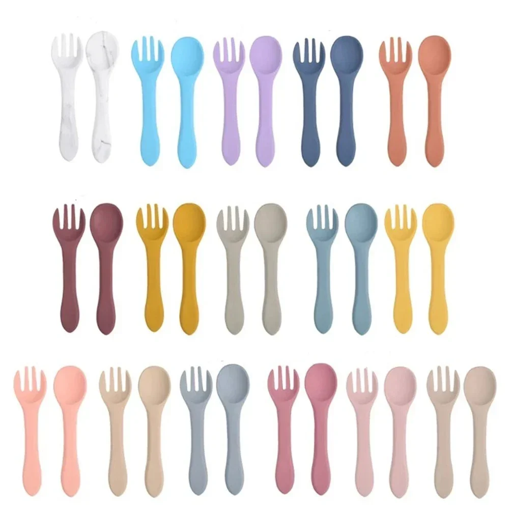 2PCS Food Grade Silicone Baby Spoon Fork Children Silicone Tableware Spoon Baby Food Supplement Fork Spoon Set Baby Tableware 3