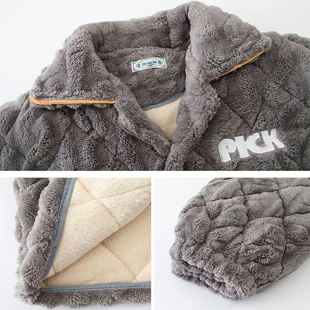 Men's 3-Layer Super Thicken Plush Winter Pajama Set Warm Flannel Sleepwear Suit Leisure Comfortable Solid Pijama Hombre Invierno