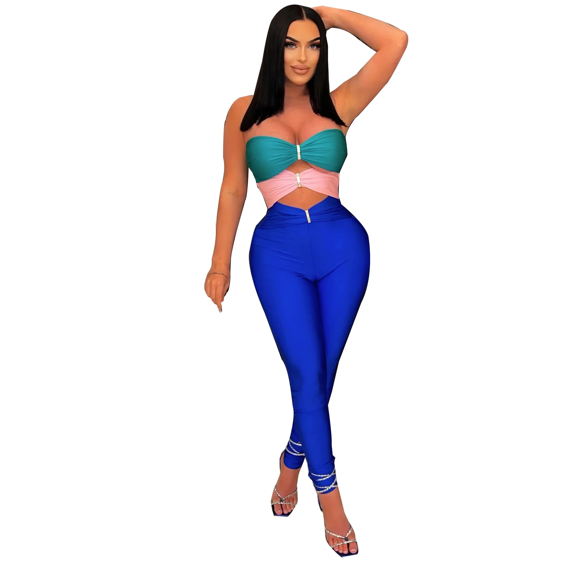 Sexy Color Patchwork Hollow Out Women Jumpsuit Summer Strapless Bodycon Pencil Pants One Piece Night Party Club Romper Overall