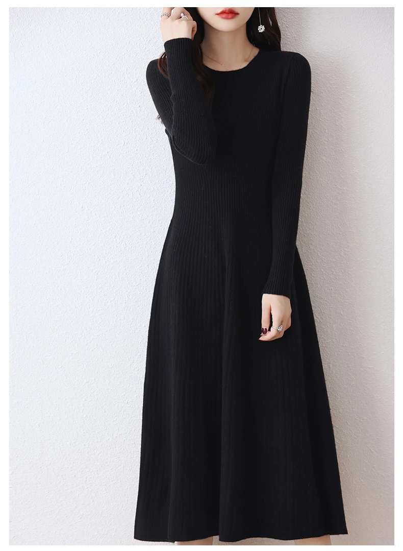 Women's Merino Wool Long Sweater Dress, Round Neck, Striped, Thick, Monochromatic, 100% Merino, Autumn, Winter, New, Official