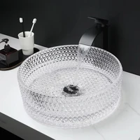 Transparent Thick Glass Basin Set Diamond Shaped Texture Bathroom Sink W/ Matte Black Faucet And Pop-up Drainage Mixer Tap 1