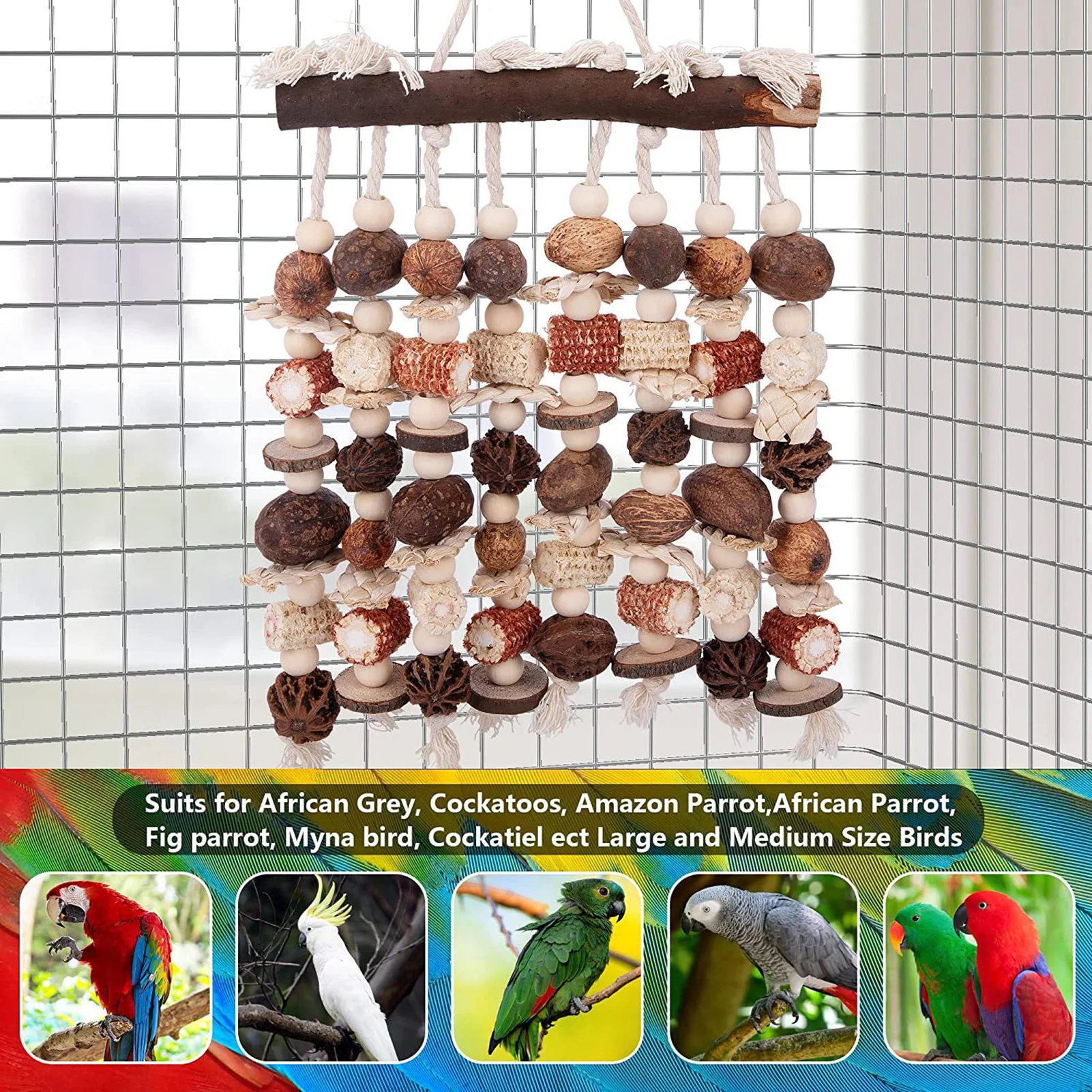 Large Parrot Chewing Toys Color Wooden Bird Cage Toy Natural Corn Nuts Parrot Toy for African Grey Macaws Cockatoos and Other La
