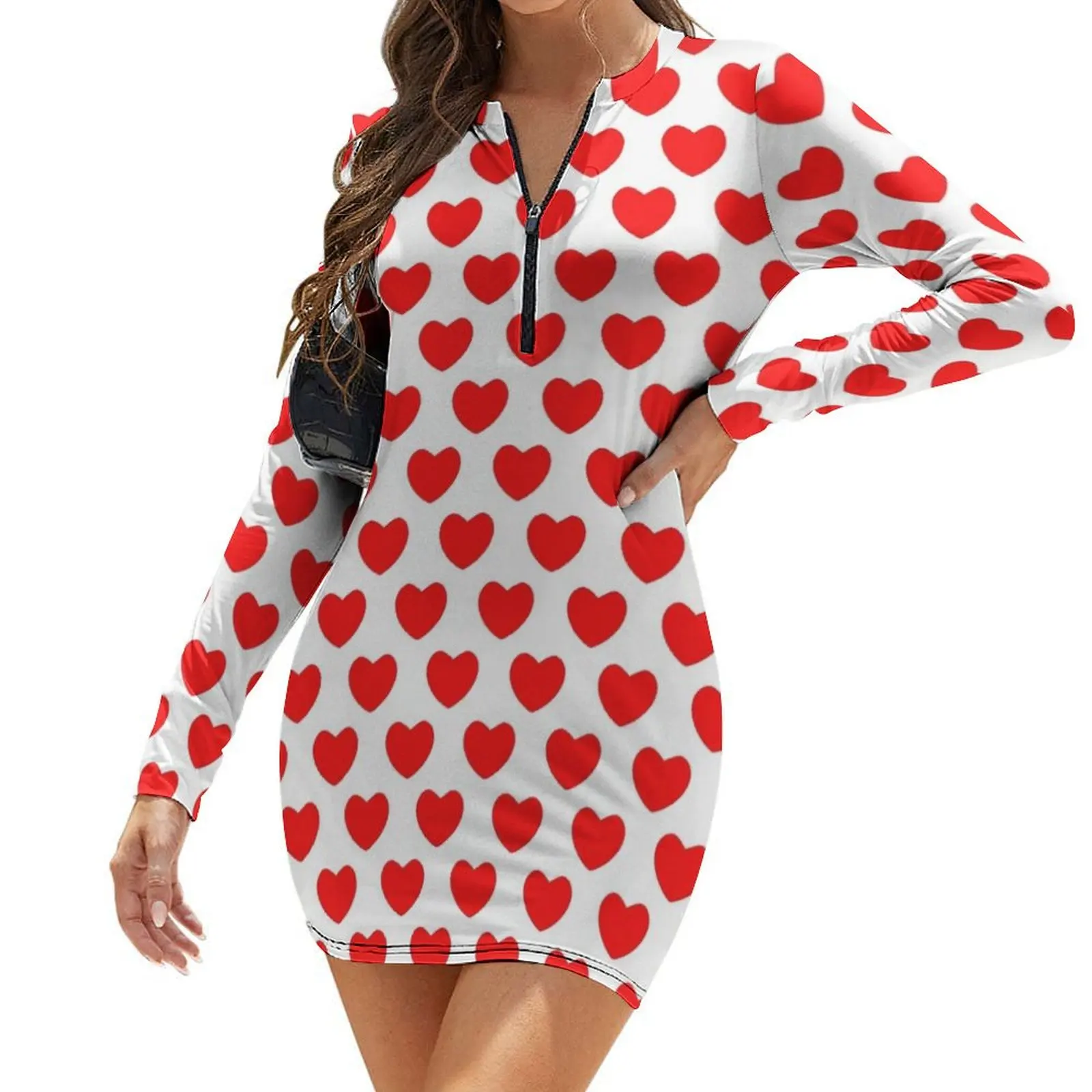 

Red Hearts on White Long-Sleeve Bodycon Dress women's evening dress 2024 prom dress summer 2024 women womens clothing