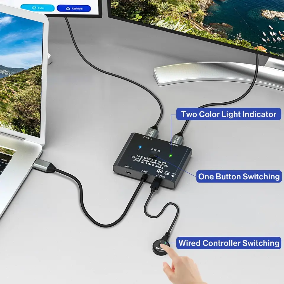 Bidirectionele 8K USB-C Switch 2-in-1 - KVM Switch 8K@60Hz 100W PD 10Gbps Data
