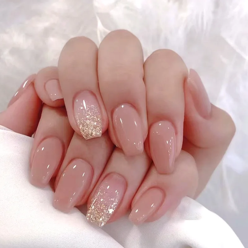 Buy 24 pcs Shinning Star Short Fake Nails Glitter Nude Nail Tips with  Design in box cute Nials for Daily Office Online at desertcartINDIA