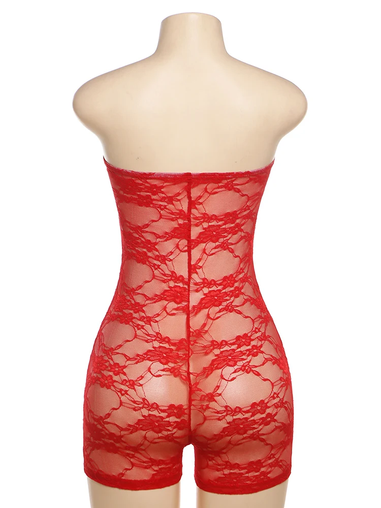 Mono sexy de encaje para mujer, liso, sin mangas, con escote en V, transparente, ajustado, ropa atractiva para mujer