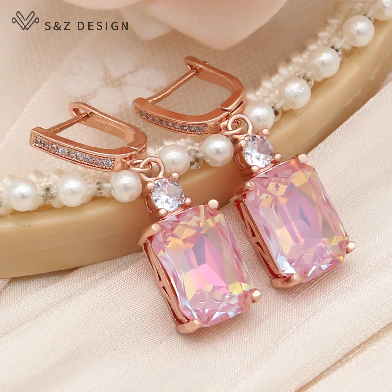 S&Z DESIGN New Fashion 585 Rose Gold Color Rectangle Crystal Dangle Earrings For Women Wedding Cubic Zirconia Eardrop Jewelry