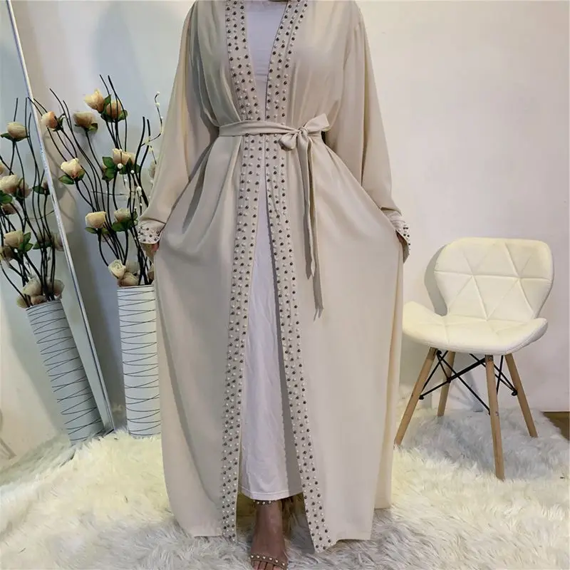 Latest Arab Turkey Middle East Abaya For Women Fashion Elegant Pure Color Muslim Pearl Trim Cardigan Long Sleeves Robe S-XXL