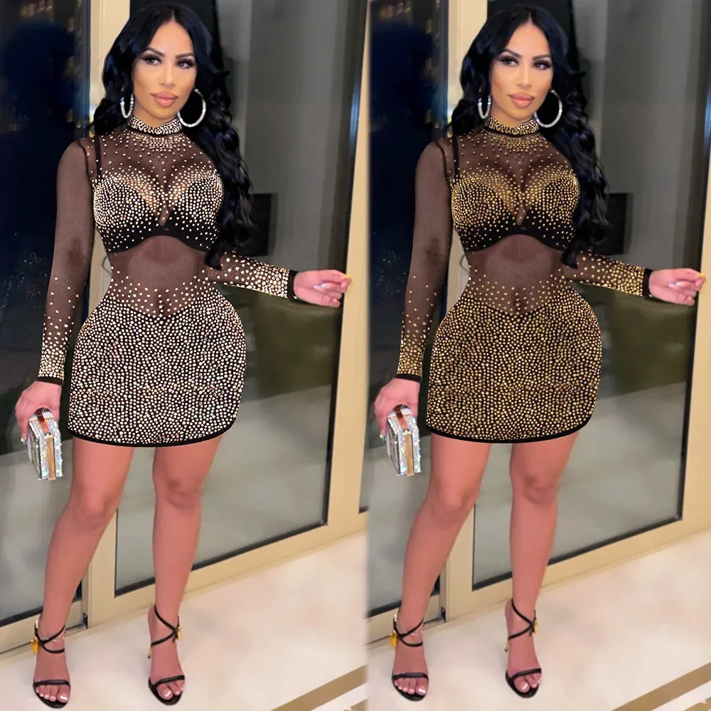 

Sexy Hot Diamonds Skinny Mini Dress for Womens Stand Neck Long Sleeve Mesh Perspective Bodycon Club Party Dresses Vestidos