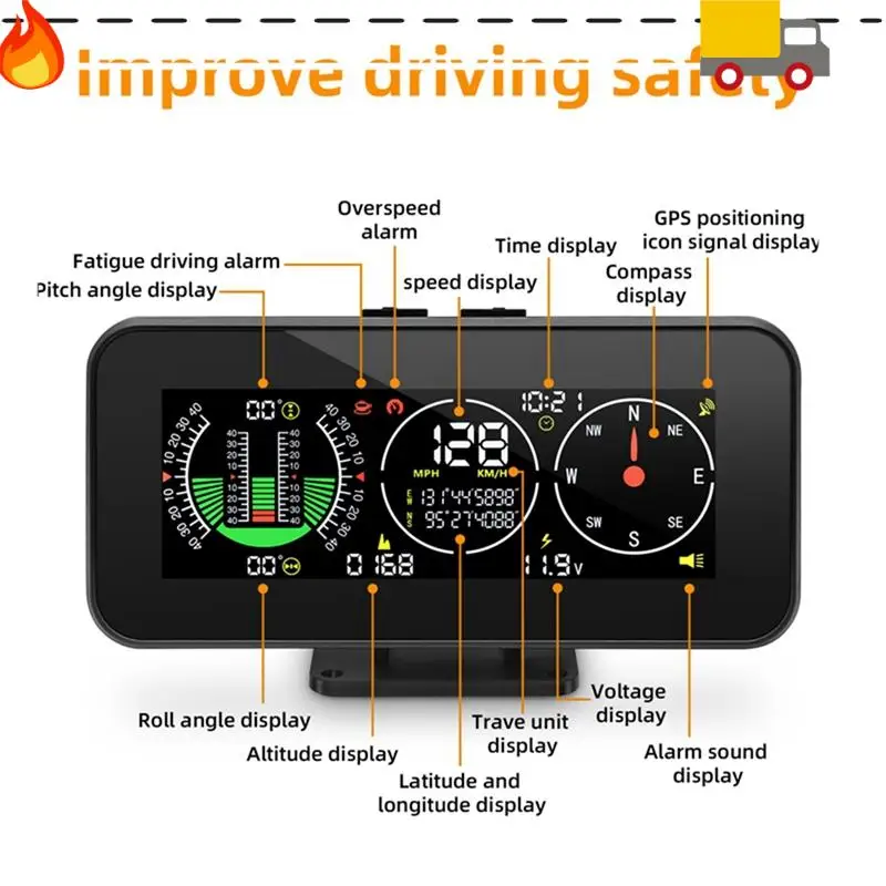 Car HUD Head Up Display Inclinometer Compass Speedometer Digital Speed Slope Meter Car Parts 1 PCS