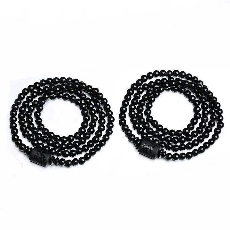 Black Obsidian Bracelet Buddhist Prayer Blessing Stone Ball Beads Jewelry Gift Frosted Dragon Phoenix Present