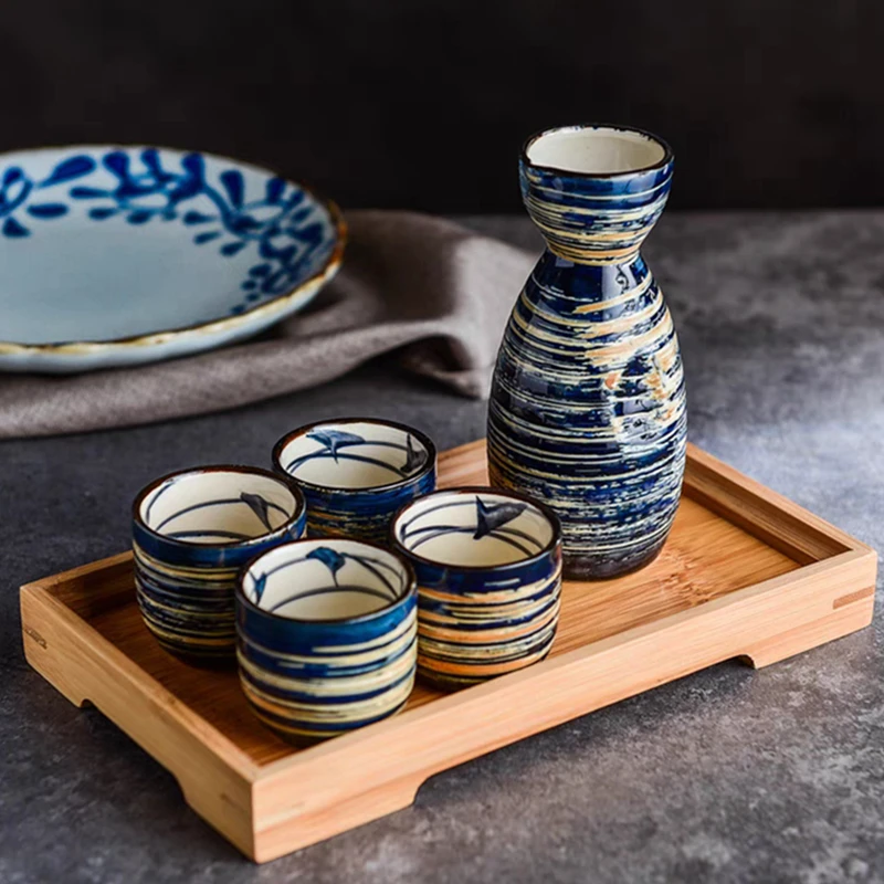 Ceramic Sake Set Blue Porcelain Saki Set with 1 Sake Carafe 4 Sake Cups 150ml