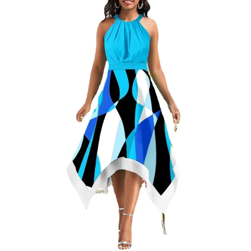 

Dresses for Women Abstract Printed Sleeveless Round Neck Dress Vestidos De Mujer Casual Elegant Midi Robe Female