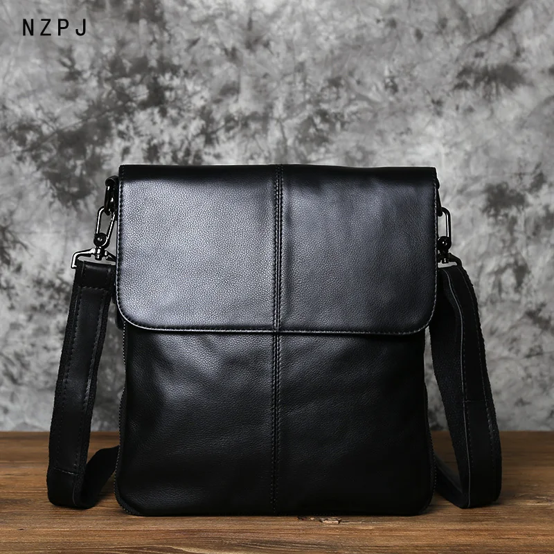 NZPJ Casual Leather Men's Shoulder Bag Versatile Top Layer Cowhide Crossbody Bag Trendy Ladies Small Backpack for 10-inch iPad