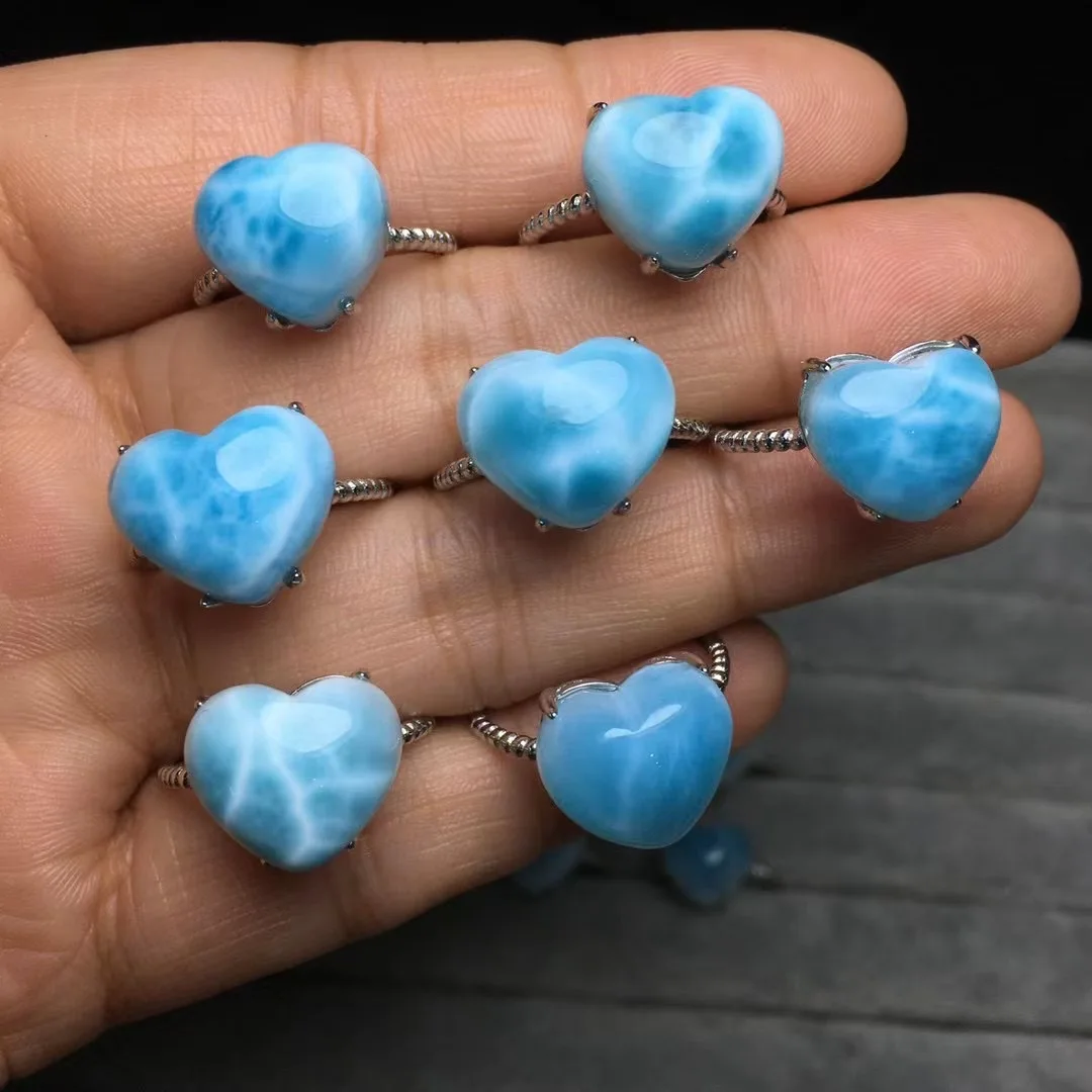 

1 Pc Fengbaowu Natural Dominica Larimar Heart Ring 925 Sterling Silver Reiki Healing Stone Fashion Jewelry Gift For Women