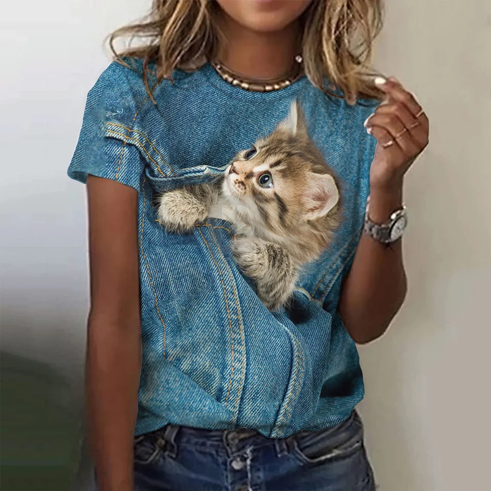 Felpa Donna Manica Lunga Con Stampa 3D Gatto Carino - T-Shirt Felpata Morbida E Leggera, Girocollo, Casuale - Abbigliamento Autunno Inverno Primavera Per Donne E Ragazze