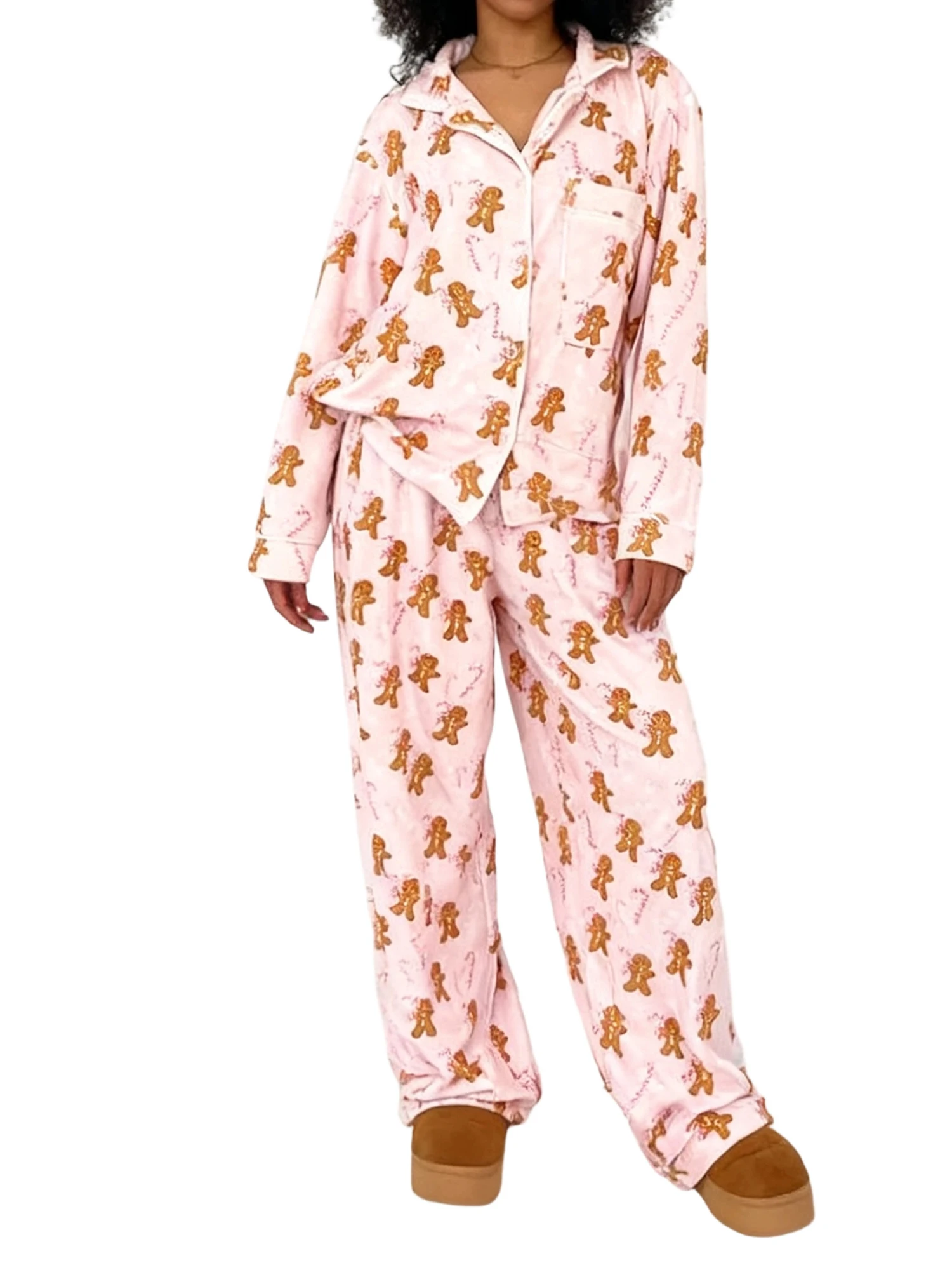 Women s 2-Piece Christmas Pajama Set with Cozy Gingerbread Man Print Fleece Top and Elastic Waist Pants for Ultimate Sleepwear