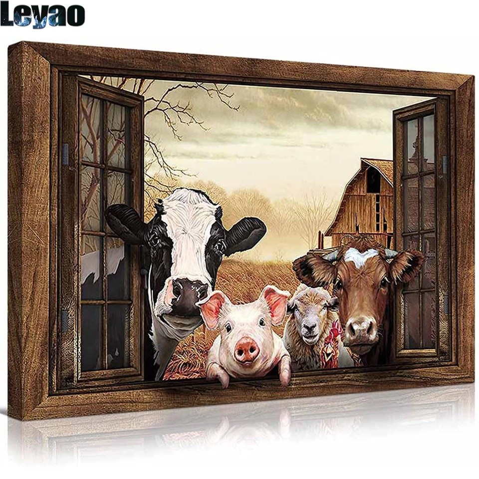 Cow Wall Art Friends in The Window Landscape Cow Diamond Painting