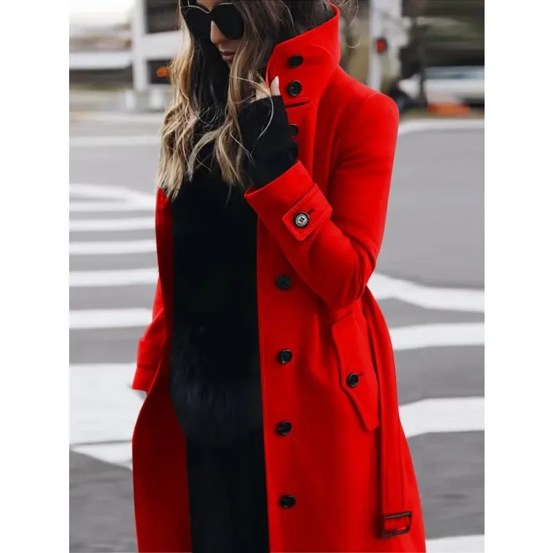 Autumn Winter New Woolen Coat Women's Slim Fit Cardigan Large Coat Women Long Sleeve Single Breasted Stand Collar Woolen Coat 4