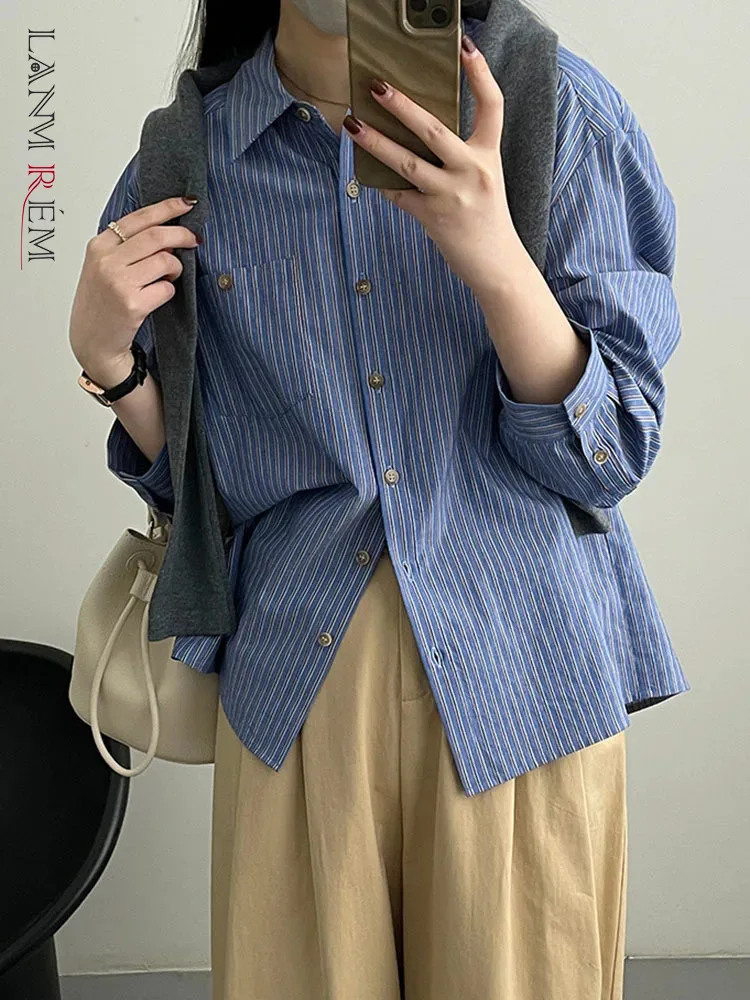 

[LANMREM] 2024 Spring New Striped Shirts For Women Lapel Single Breasted Long Sleeve Loose Blouses Female Tops Fashion 26D8264