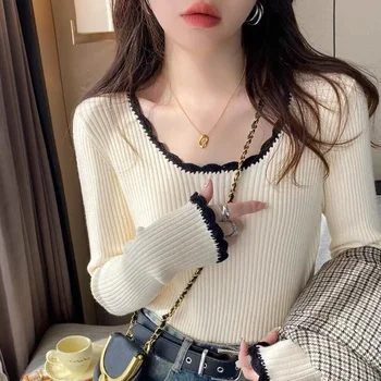 2025 Women Long Sleeve Slim Soft Tops Autumn Winter Square Neck Knitted Pullovers Casual Versatile Color Blocking Sweater