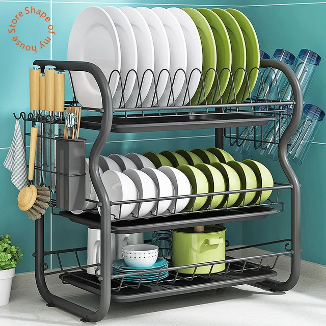 Dish Racks for Kitchen Counter, 2 Tier Dish Drying Rack with Drainboard,  Large Capacity Dish Drainer with Utensil Holder and Ext - AliExpress