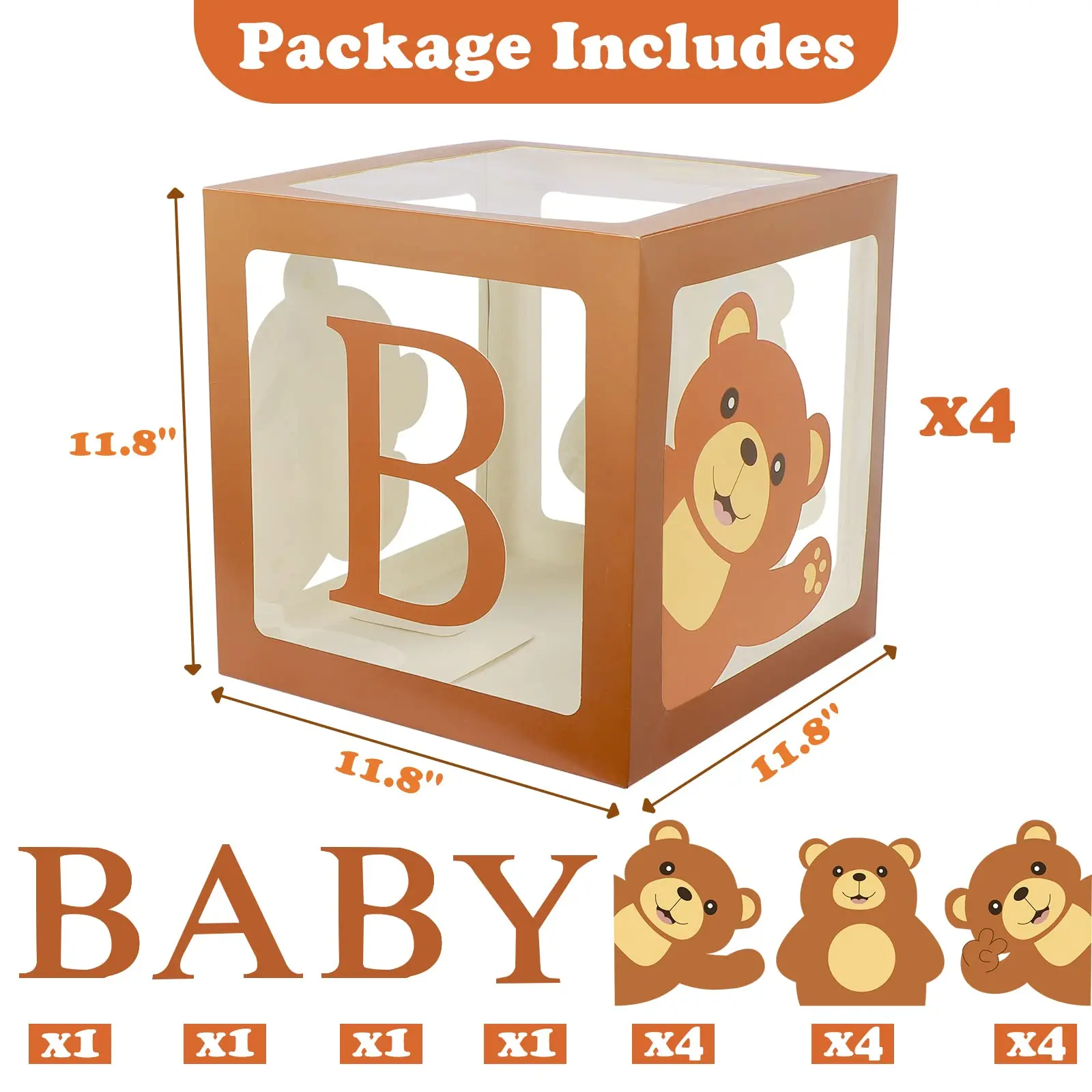 Wood Baby Shower Boxes for Birthday Party Decorations - 4 Wood Grain Brown  Blocks with Printed BABY Letters, Gender Reveal Backdrop,Teddy Bear Baby