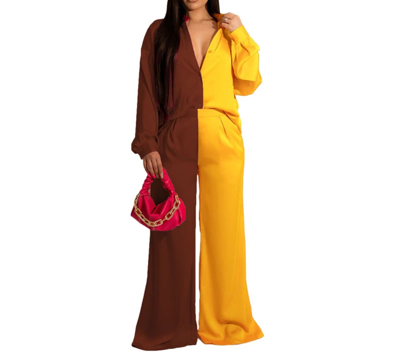 Spring and Autumn Women's New Long Sleeve Color Contrast Stitching Satin Loose Casual Suit Female & Lady Casual Fashion Top Pant
