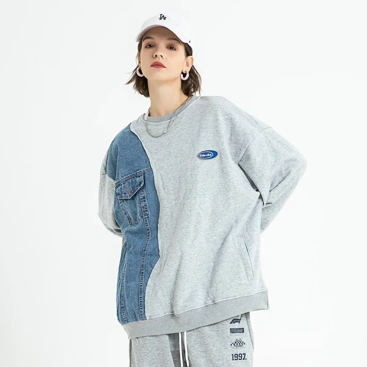 Clothes Men Jeans Patchwork Round Neck Sweatshirt Casual Cotton Vintage Y2k Men Pullover Pink Hoodies Designer Clothes