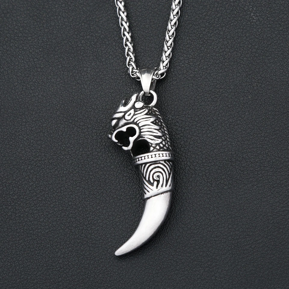 Collana Con Ciondolo Dente Di Lupo/drago In Acciaio Inox – Regalo Uomo/donna