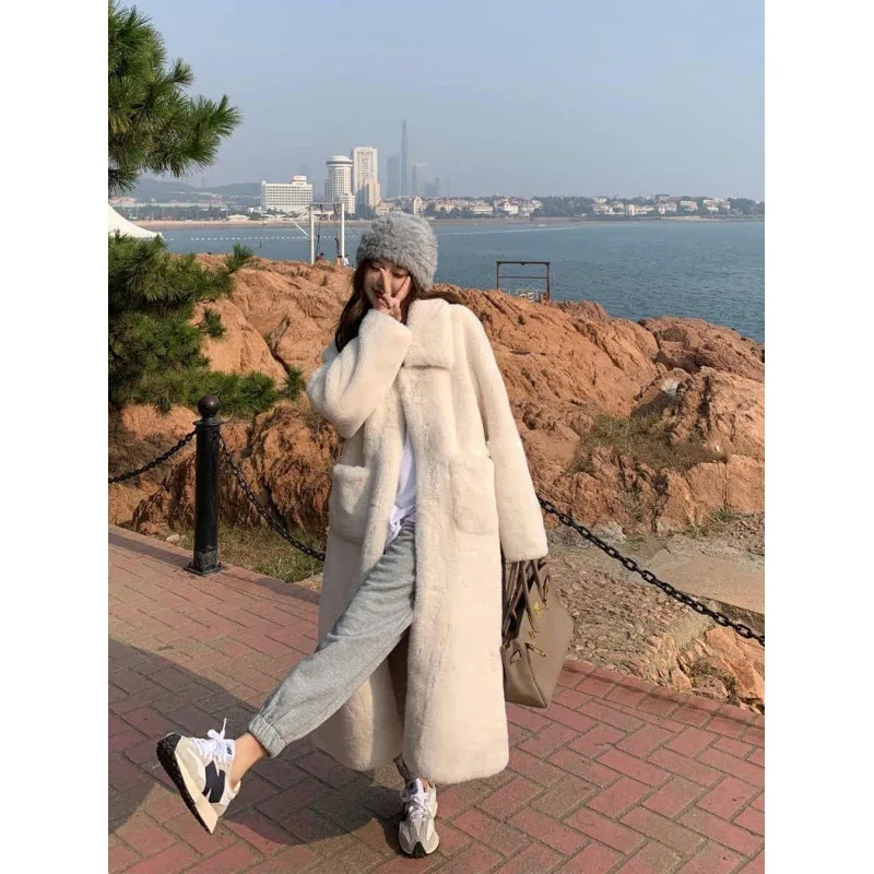Mid Faux Fur Women Coat 2023 Winter Loose Slim Thick Warm Jacket Lady Fashion Korean Casual Fur Coat With Pockets Simple Outwear