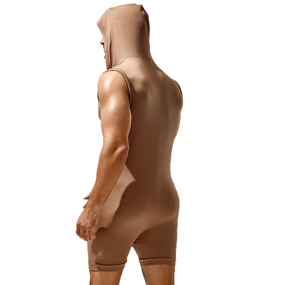 Men's Casual Sleeveless Jumpsuit Tracksuit Zipper Hooded Bodysuit Rompers Shorts Skinny Home Wear Solid Color Sleepwear Pajamas