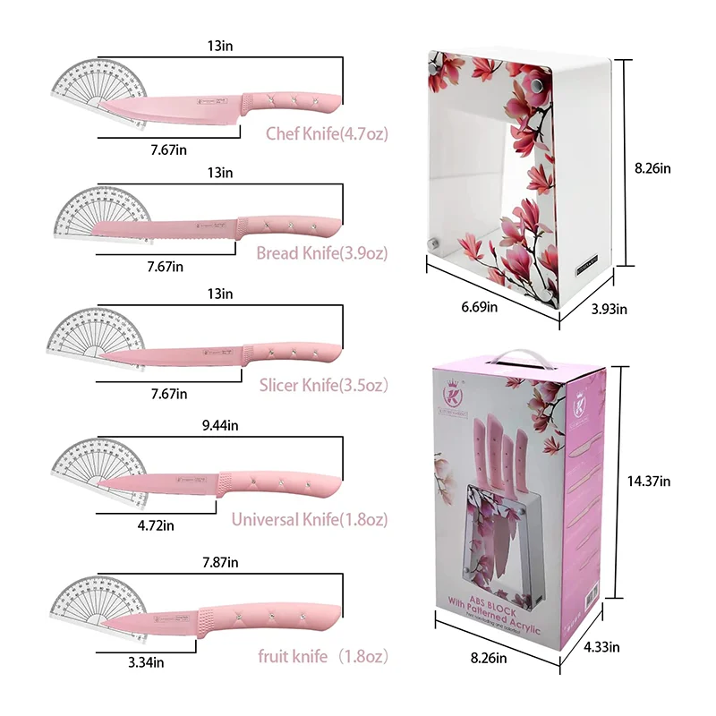 (Pink)Colorful 6 Piece Knife Set Stainless Steel Practical Kitchen Knife Set