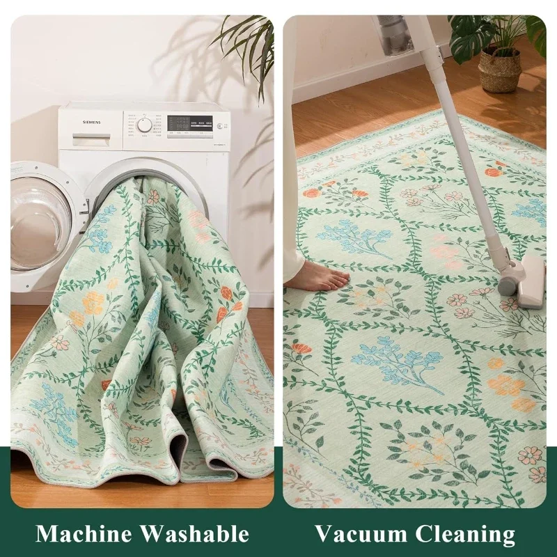 Floral Living Room Carpet Large Area Pastoral Style Print Bedroom Plush Rug Home Decoration Machine Washable Non-slip Floor Mats