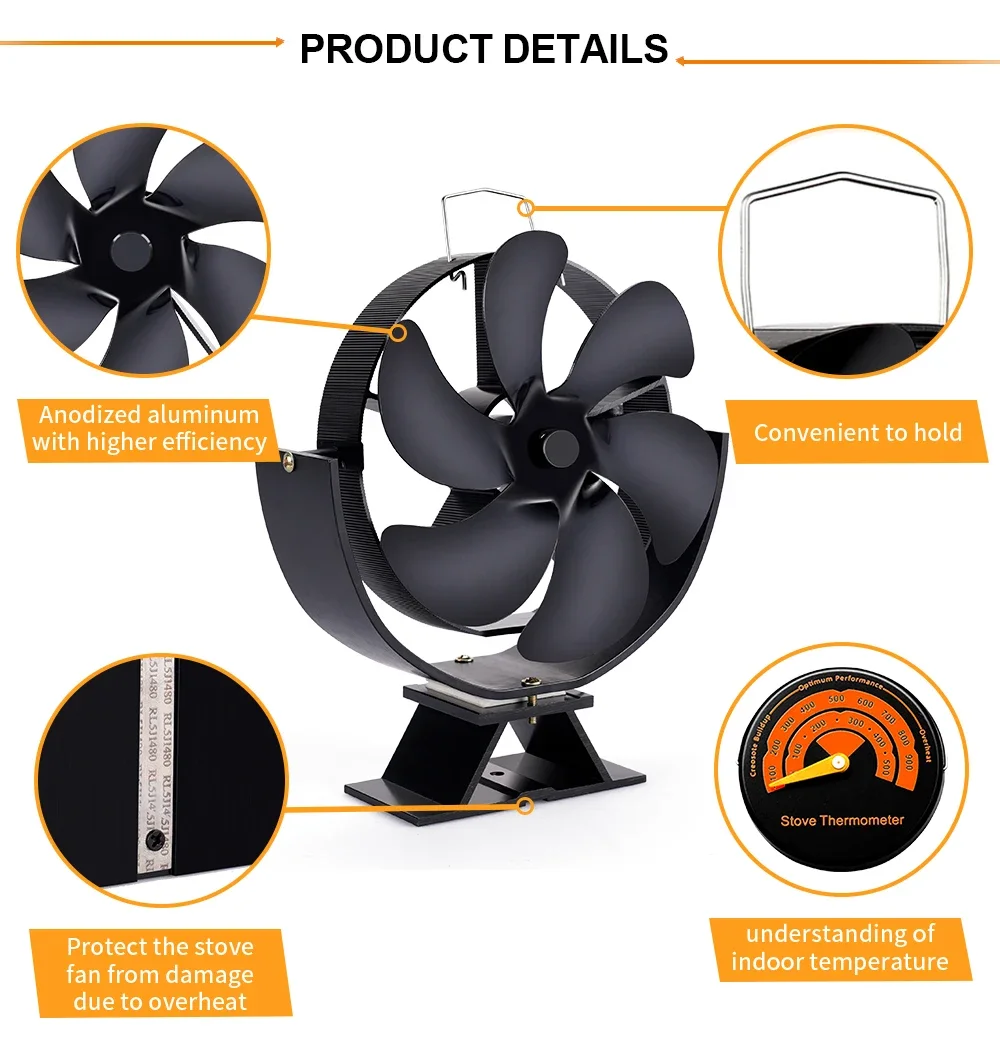 6 Blades Heat Powered Stove Fan 360 Rotating Fireplace Fan Log Wood Burner Eco-fan Quiet Efficient Heat Distribution Stove
