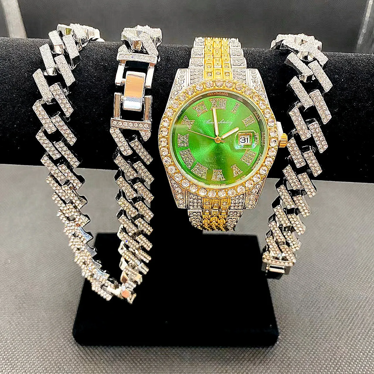 3pcs Luxury Iced Out Watch for Men Women Hip Hop Miami Blinged Out Watch Cuban Chain Necklace Watches Men Jewelry Set Relojes