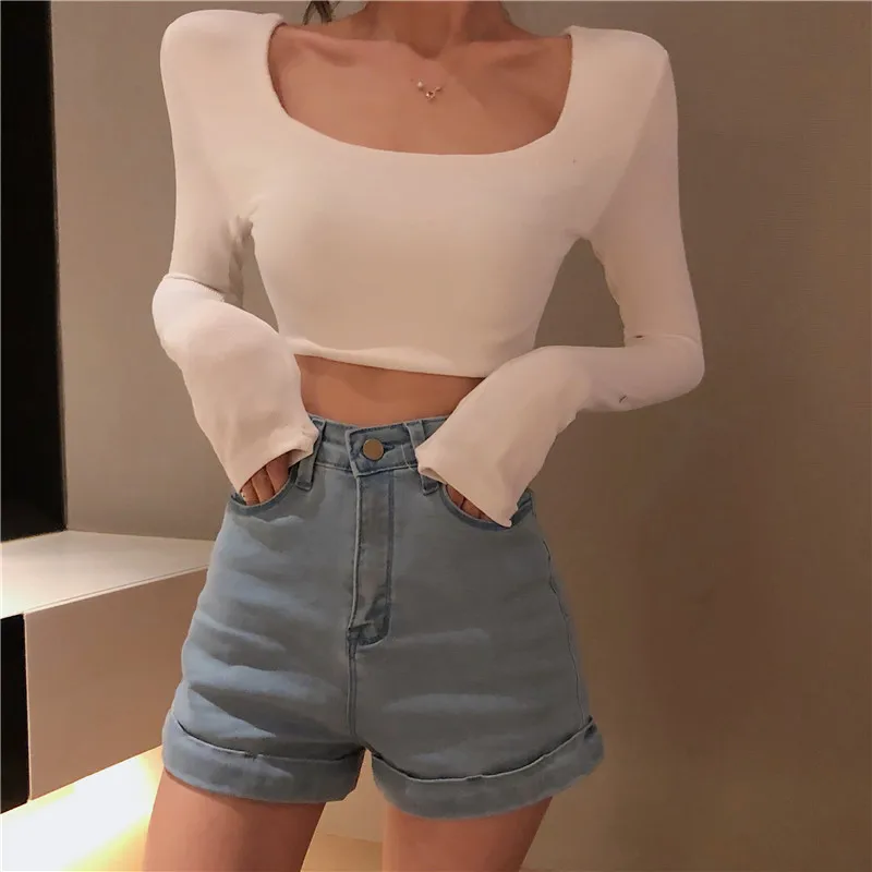 Spring Summer Elastic Denim Shorts Female Korean New High Waist Thin Wild Wide Leg Short Pants Hot Pants Trendy Slim Shorts Girl shorts women