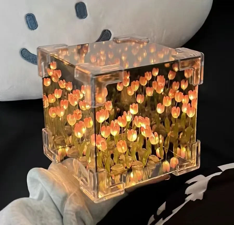 Three Dimensional Night Lamp Creative Diy Tulip Flower Sea Cube Three-Dimensional Small Night Lamp Material Package for Girlfriend Couple