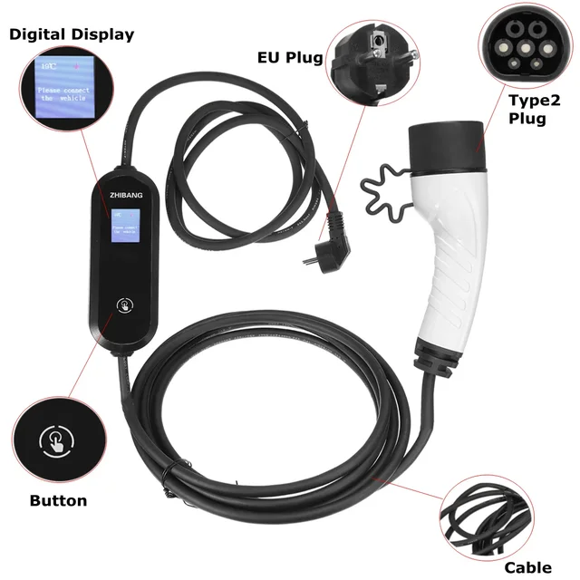 Type 2 EVSE EV Charger Level 2 16A Portable Electric Vehicle Car Home Charging Iec 62196 Schuko Plug 230V Exterior Part Body Kit 4