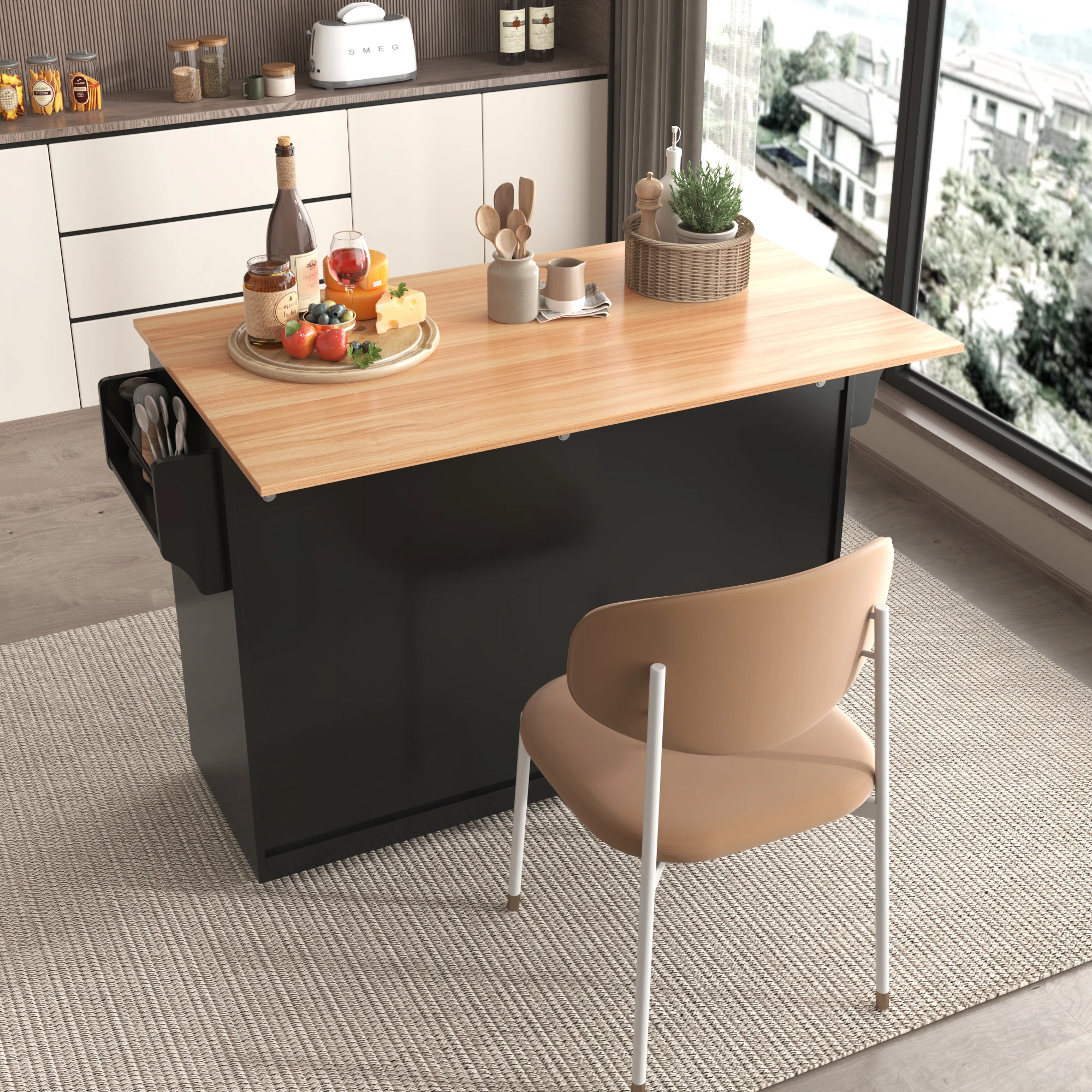 Servierwagen mit klappbarer Tischplatte, 120 x 46 (70) x 91 cm, mit Rollen und austauschbaren Holzbeinen, ideal für die Küche – Detail 4