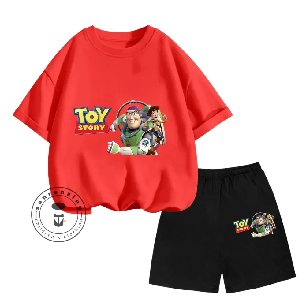 Kawaii Fashion Disney Toy Story Animation Cartoon Print Design O-neck Soft Short Sleeves and Shorts for Boys and Girls Ages 3-14 6