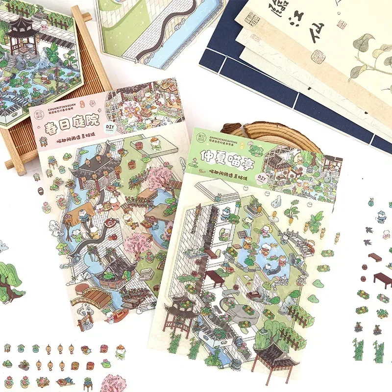 Cartoon Cat Leisure Life in 4 Seasons DIY Miniature Scene Stickers 3D Pocket Cabin Scene Stacking Pasting Gift for Kid Child